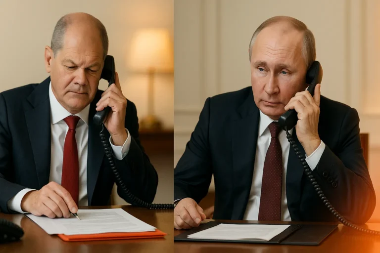 Олаф Шольц и Владимир Путин в раздельных кадрах во время телефонного разговора, с мягкими тёплыми акцентами бренда — nicetry.blog