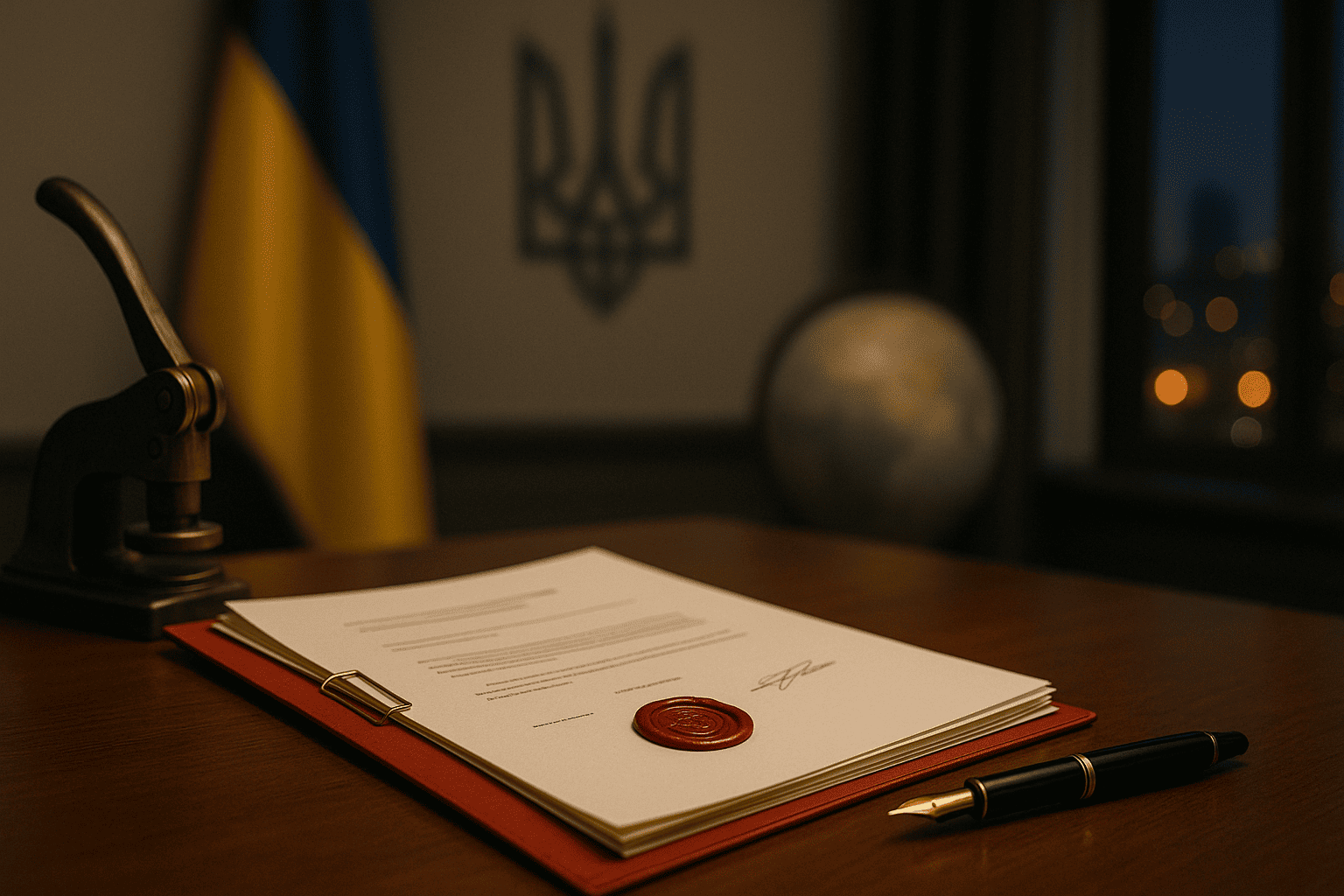 Папка с документами, восковая печать и перо на столе, на фоне флаг Украины и трезубец — nicetry.blog