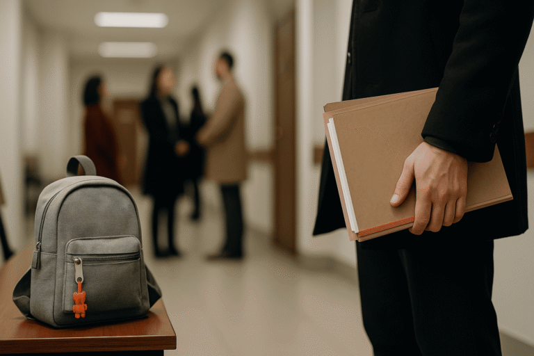 Papka s sudebnymi dokumentami i detskij ryukzak na skame v koridore suda — nicetry.blog