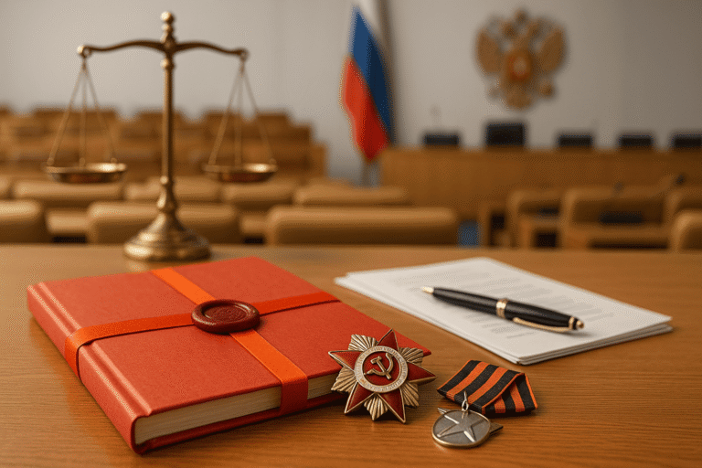 Парламентский стол — папка с печатью и ручкой — медали ветерана рядом — размытый зал заседаний на фоне — nicetry.blog