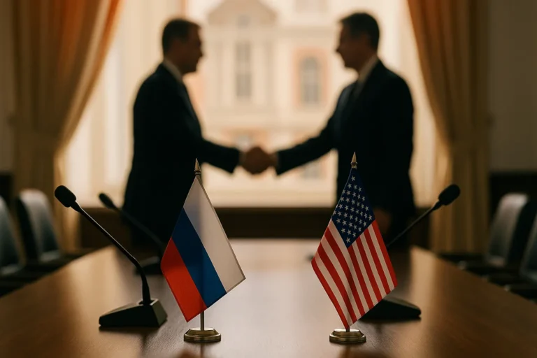 Переговорная комната перед возможным саммитом России и США: флаги на столе, рукопожатие в расфокусе — nicetry.blog