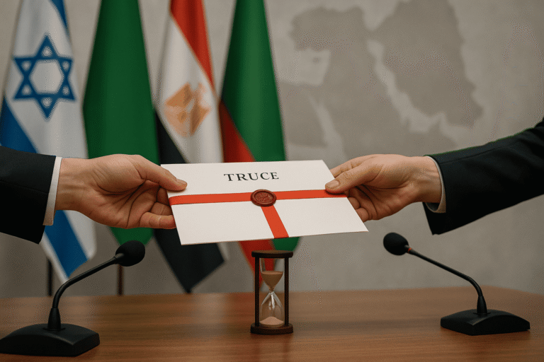 Переговорная — руки передают документ о перемирии — на столе песочные часы и микрофоны — на фоне размытые флаги и карта региона — nicetry.blog