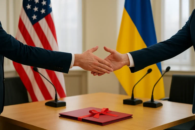 Переговорная — рукопожатие над столом — флаги США и Украины по бокам — на столе папка с красной лентой — nicetry.blog