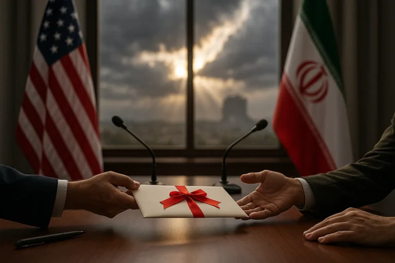 Переговорная — за окном расходятся темные тучи и пробиваются лучи солнца — на столе передают конверт с красной лентой — флаги США и Ирана размыты — nicetry.blog