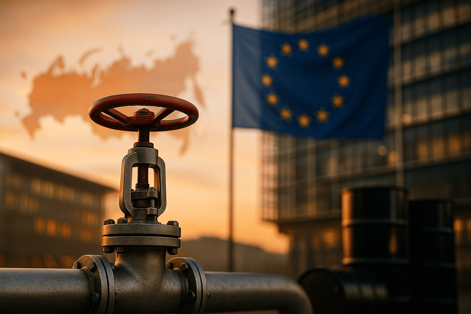 Перекрытый вентиль на газопроводе на фоне флага ЕС и бочек с нефтью - символизирующая отказ от нефти и газа из России — nicetry.blog