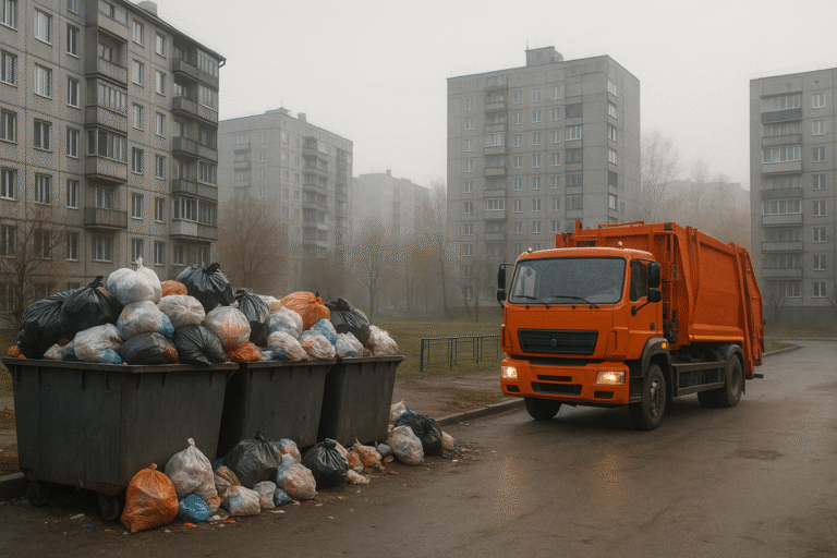 Плата за вывоз мусора в России: двор с контейнерами и мусоровозом - nicetry.blog