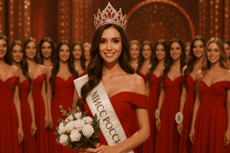 Победительница конкурса Мисс Россия 2025 с короной и букетом белых роз на фоне финалисток - nicetry.blog