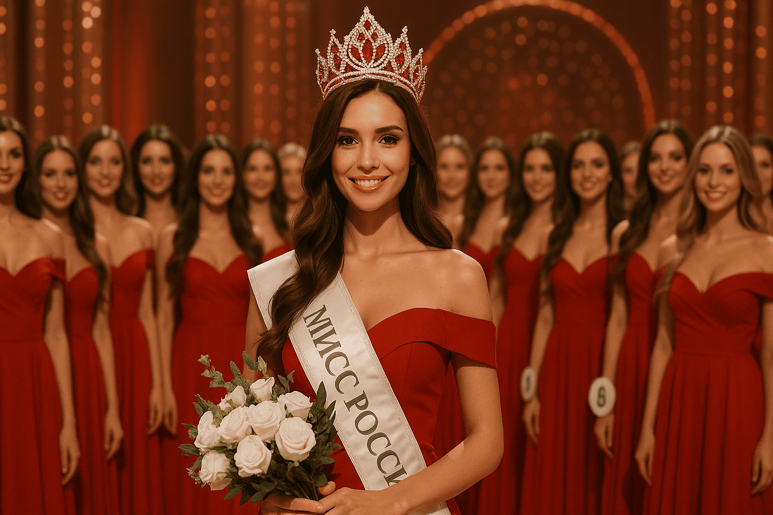 Победительница конкурса Мисс Россия 2025 с короной и букетом белых роз на фоне финалисток - nicetry.blog