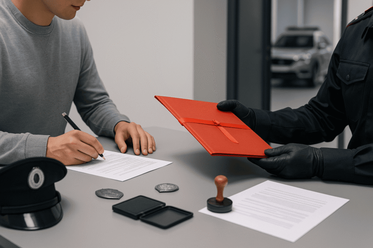 Подача документов в полиции - кандидат заполняет заявление - на столе печать - штемпельная подушка и фуражка - nicetry.blog