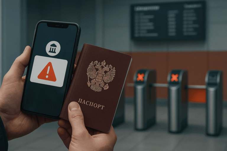 Пограничные ворота аэропорта и смартфон с символом предупреждения — ограничения на выезд после электронных повесток - nicetry.blog