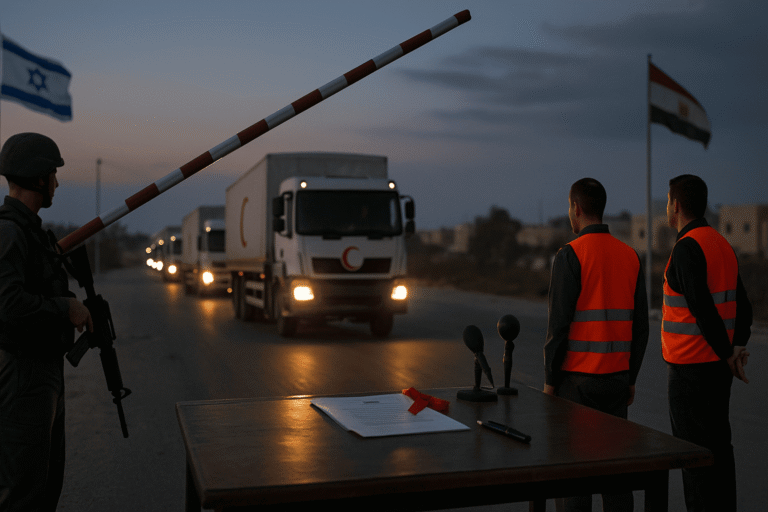 Пограничный КПП — поднятый шлагбаум и колонна гуманитарных грузовиков — наблюдатели в оранжевых жилетах и военные — вечерний свет и спокойная дорога — nicetry.blog