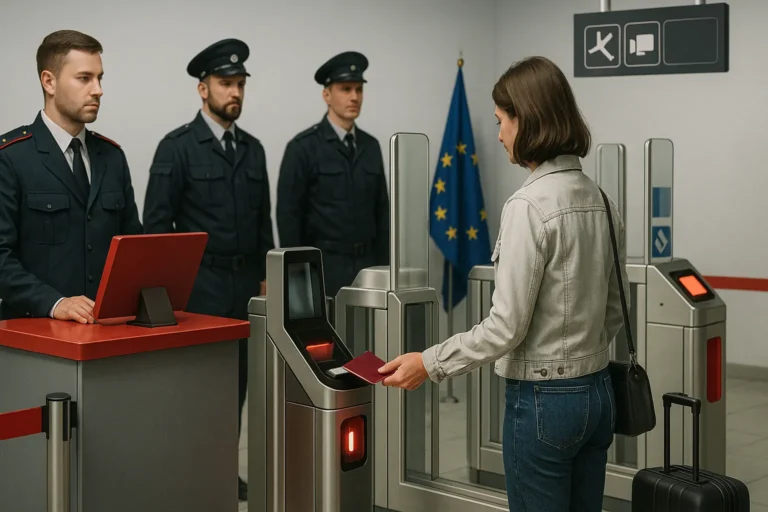 Погранконтроль в аэропорту — пассажир прикладывает паспорт к сканеру e-gate — рядом офицеры и чемодан на колесах — флаг ЕС на фоне — nicetry.blog