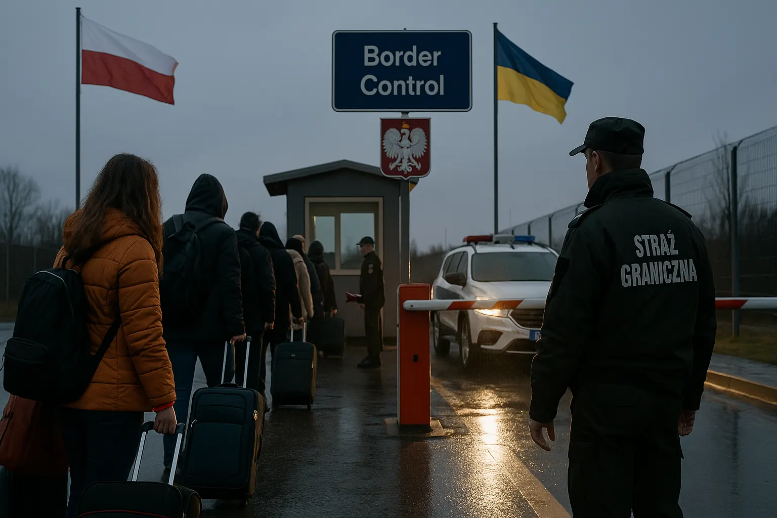 Погранпереход Польша—Украина — очередь людей с чемоданами — шлагбаум и патрульная машина — пограничник контролирует проход — nicetry.blog