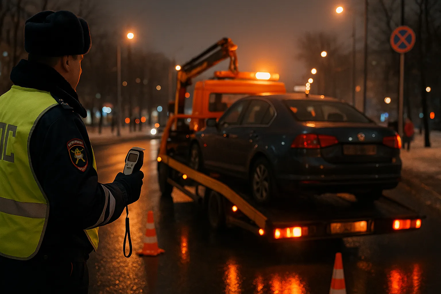 Полицейский пост ГИБДД и эвакуация автомобиля после задержания водителя в нетрезвом виде, ночной город — nicetry.blog