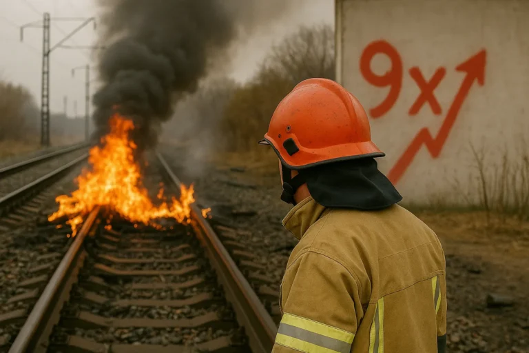 Пожарный наблюдает за горящими железнодорожными путями — дым и огонь после диверсии — промышленная зона на фоне — nicetry.blog