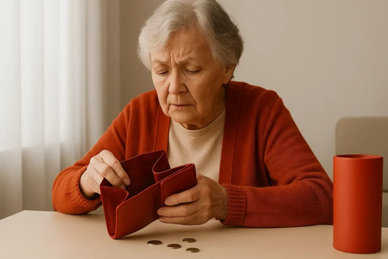 Пожилая женщина рассматривает кошелек за столом — домашняя обстановка — nicetry.blog