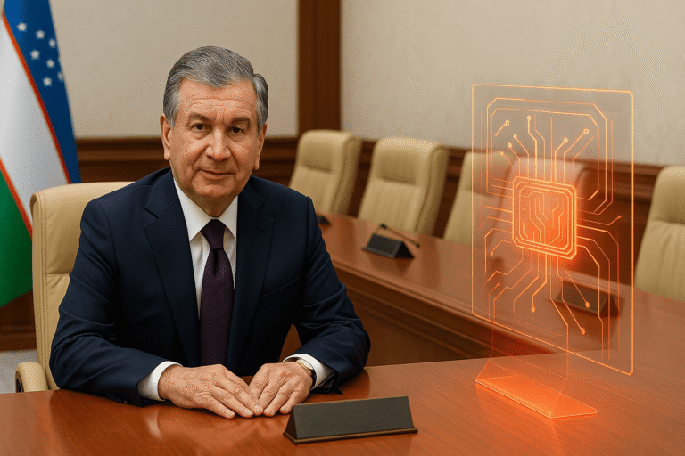 Правительственный зал Узбекистана с пустующими креслами и абстрактным интерфейсом ИИ — nicetry.blog