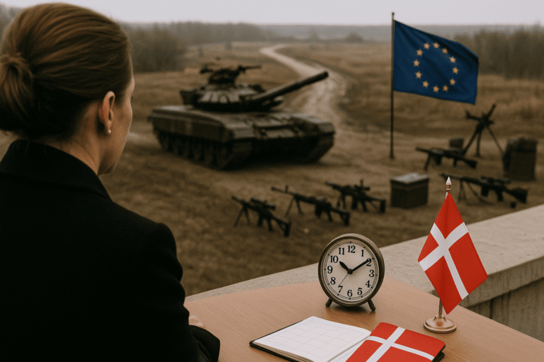 Премьер Дании Фредериксен наблюдает за танком и военной техникой на полигоне - на столе рядом флаг Дании и часы - вдали флаг ЕС - перевооружение Европы к 2030 — nicetry.blog