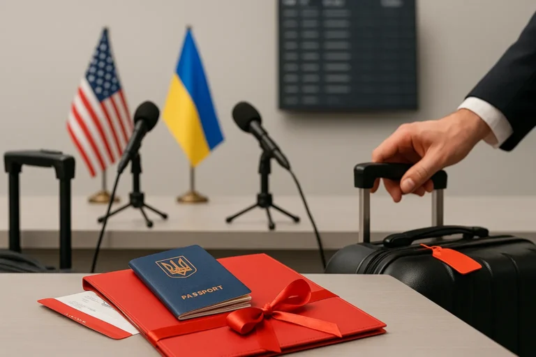 Пресс-зона — украинский паспорт и папка на столе — микрофоны и флаги США и Украины — рука катит чемодан — nicetry.blog