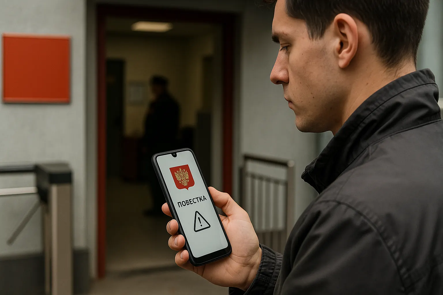 Призывник у входа в военкомат смотрит электронную повестку на смартфоне — nicetry.blog