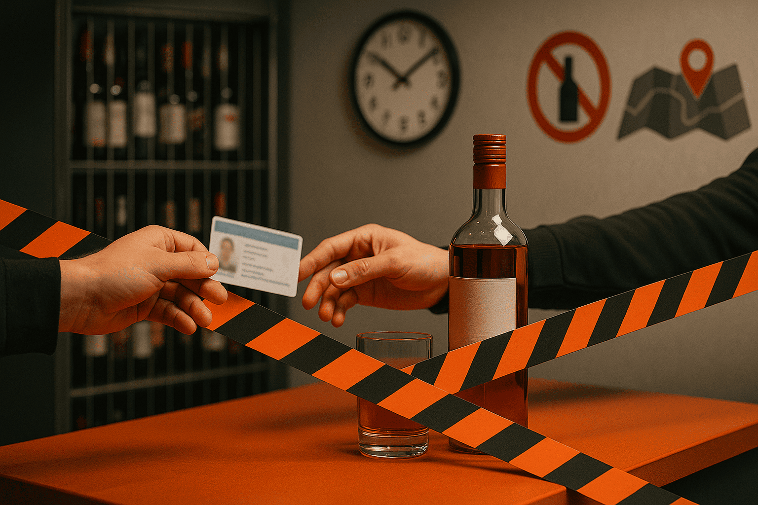 Продавец проверяет возраст по удостоверению, витрина алкоголя за закрытой решёткой, на переднем плане бутылка и защитная оранжевая лента — nicetry.blog