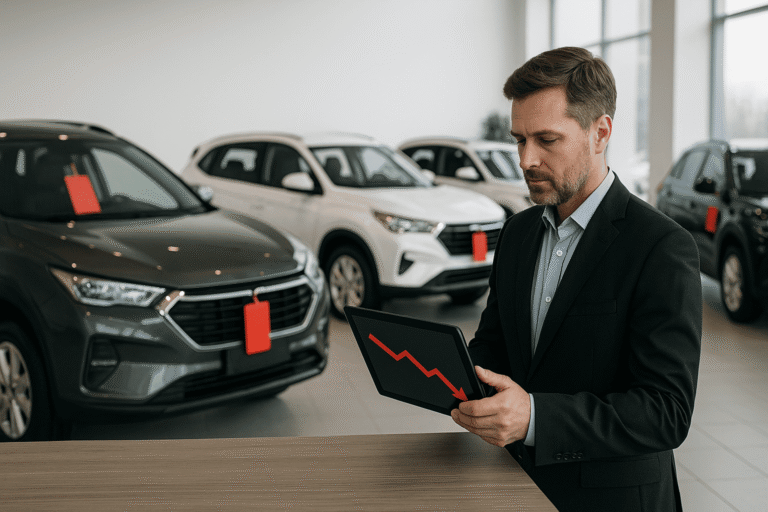 Пустой автосалон — ряды новых кроссоверов без логотипов — менеджер смотрит на планшет с нисходящим графиком — красные ценники без текста на машинах — nicetry.blog