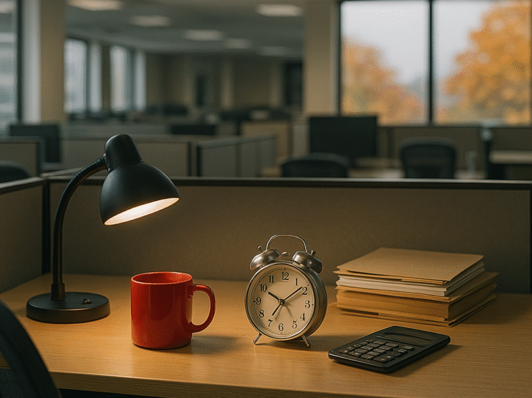 Пустой опенспейс с включенной лампой и красной кружкой на рабочем столе - шестидневная рабочая неделя — nicetry.blog