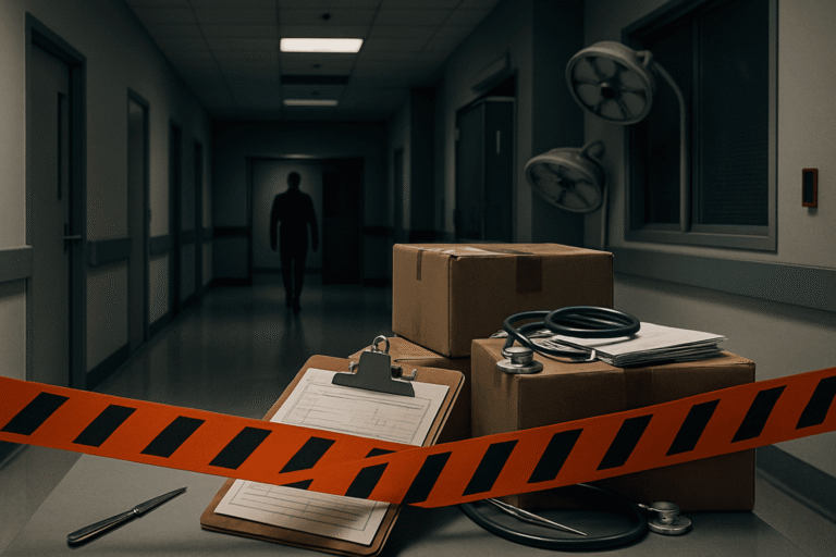 Пустующий больничный коридор с закрытым отделением и упакованным оборудованием — символ сокращения ключевых проектов здравоохранения на фоне дефицита бюджета - nicetry.blog