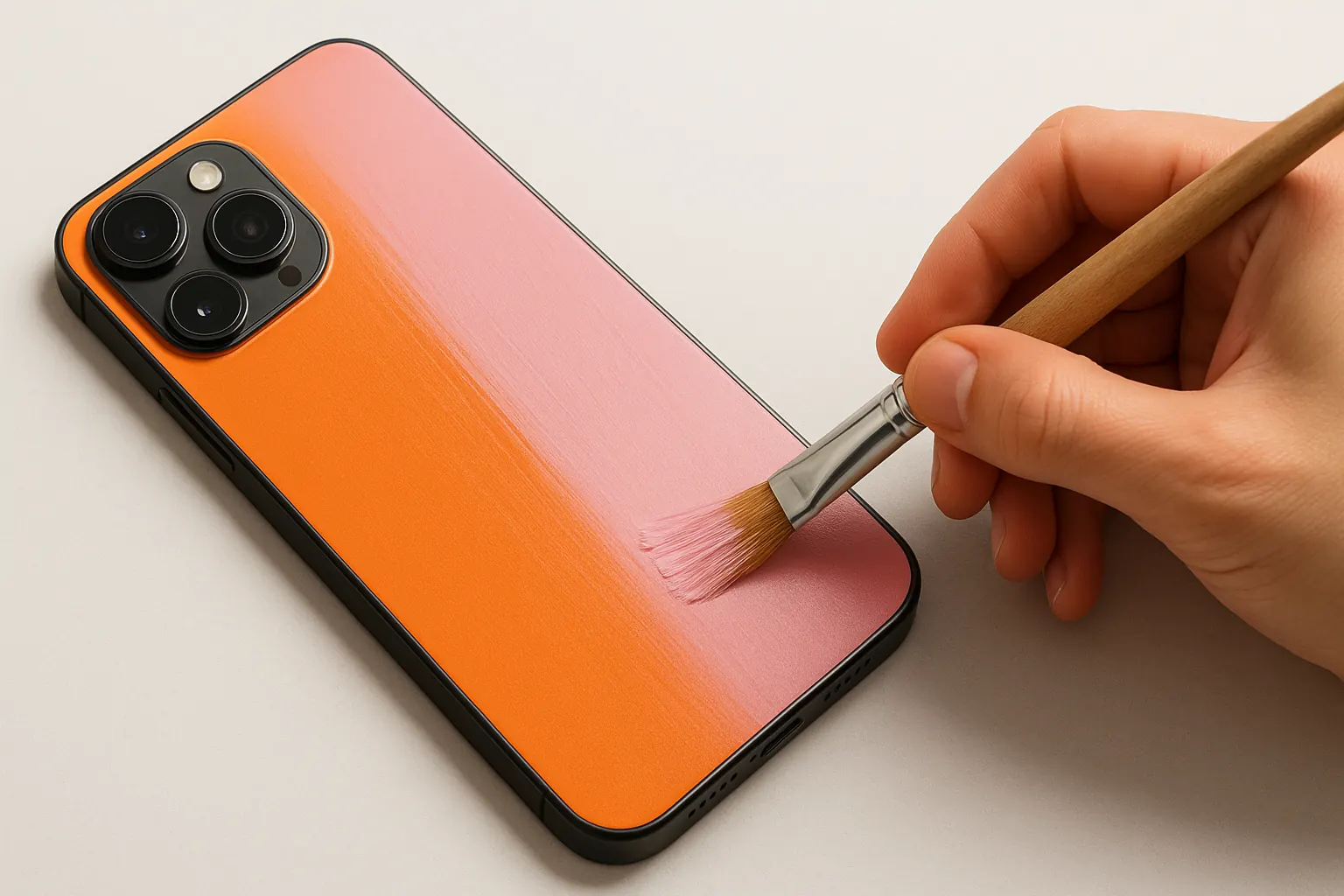 Реалистичная коробка смартфона на светло-сером фоне; на лицевой стороне — оранжевый градиент — nicetry.blog