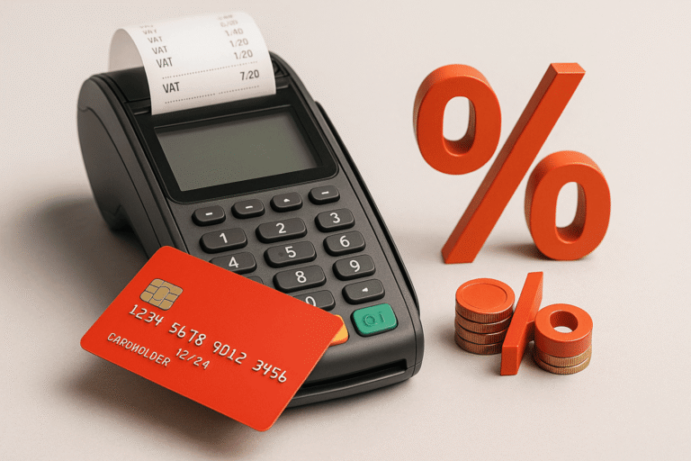 Реалистичная обложка: POS-терминал, красная банковская карта, чек и знак «%» — nicetry.blog