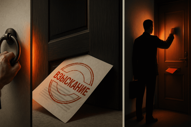 Реалистичная обложка без текста: напряжённая сцена взыскания долга — рука пристава стучит в дверь — nicetry.blog