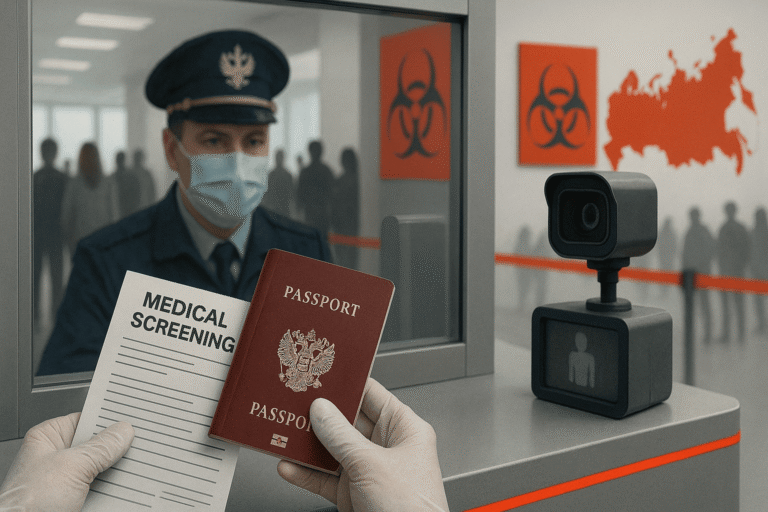 Реалистичная сцена паспортного контроля в России с медицинским скринингом — nicetry.blog