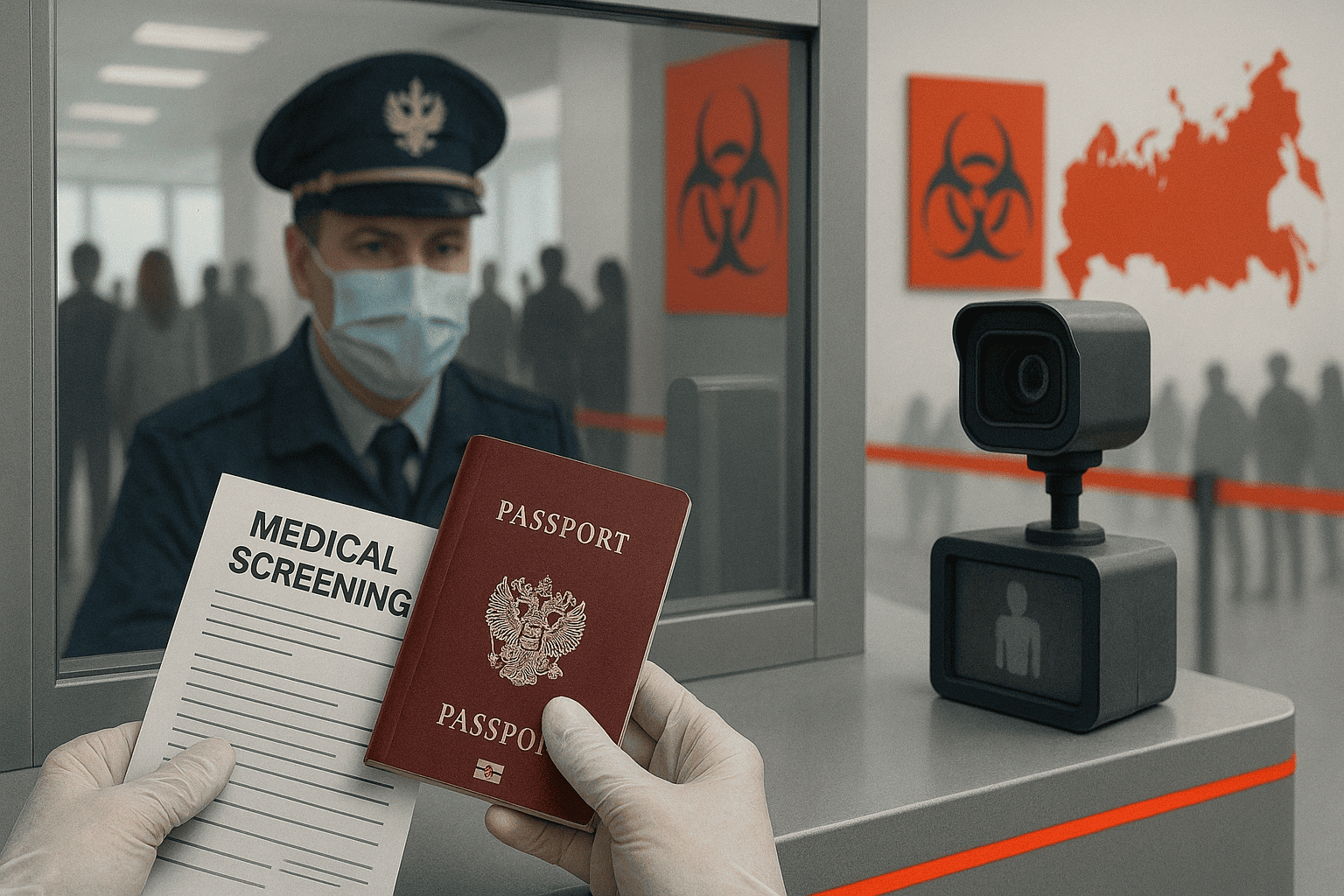 Реалистичная сцена паспортного контроля в России с медицинским скринингом — nicetry.blog