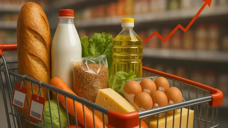 Реалистичное фото тележки с базовыми продуктами (хлеб, молоко, яйца, крупы, овощи) на фоне супермаркета — nicetry.blog