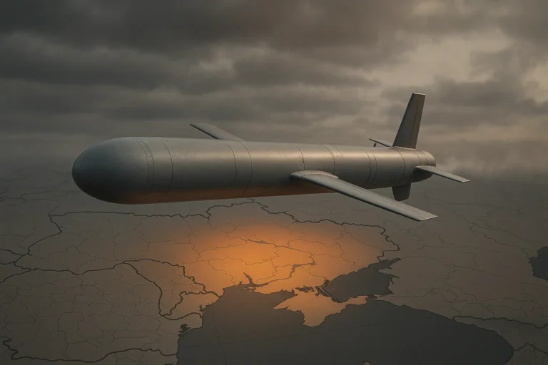 Реалистичный Tomahawk в полёте над картой Восточной Европы с мягким акцентом на Украине — nicetry.blog