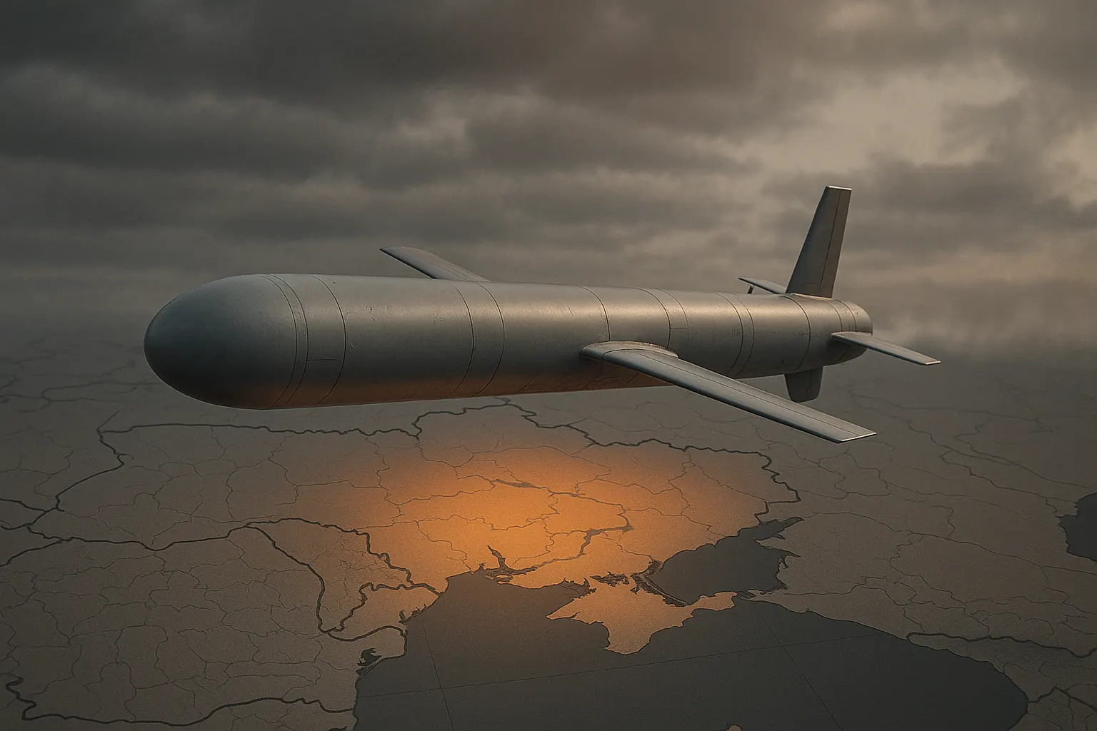Реалистичный Tomahawk в полёте над картой Восточной Европы с мягким акцентом на Украине — nicetry.blog