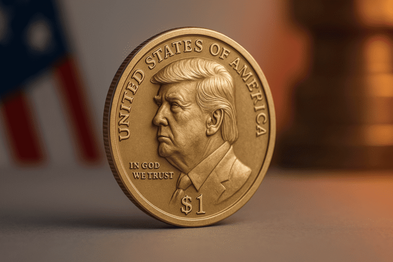 Реалистичный крупный план новой монеты США номиналом $1 с профилем Дональда Трампа на нейтральном фоне — nicetry.blog