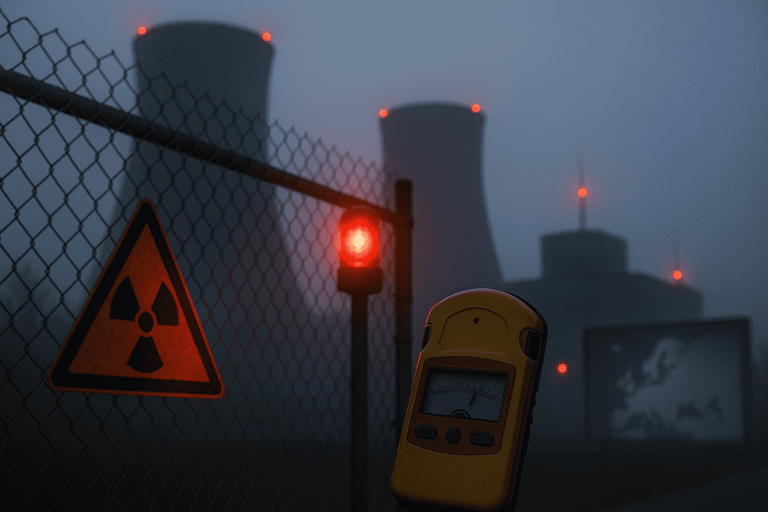 Риск ядерной аварии в Европе — ночная АЭС за оградой, красные сигнальные огни и дозиметр на переднем плане — nicetry.blog