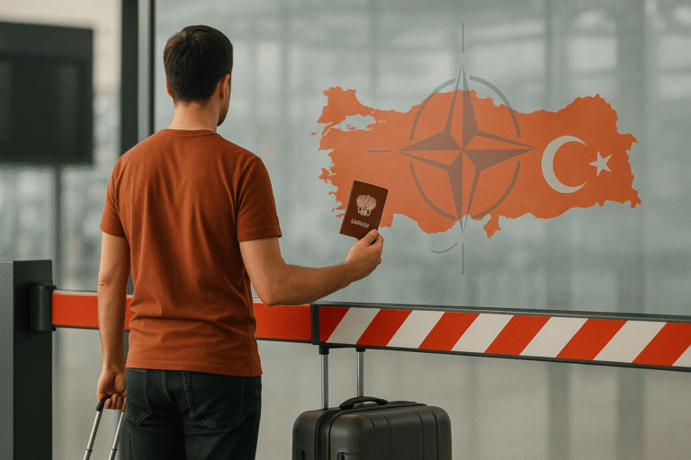 Российский турист у паспортного контроля, опущенный шлагбаум, силуэт карты Турции и намёк на НАТО — nicetry.blog