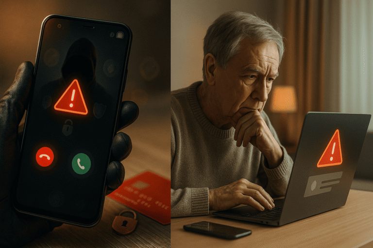 Рука держит смартфон с тревожным символом, на экране отражение фигуры мошенника; рядом пожилой человек настороженно смотрит в ноутбук — nicetry.blog