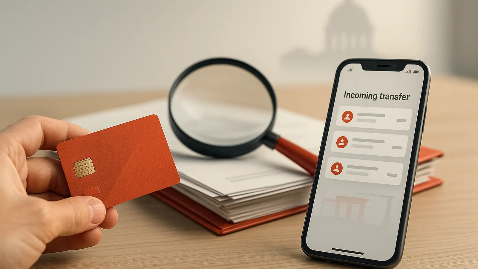 Рука с банковской картой, уведомления о входящих переводах на смартфоне и лупа на документах — усиление проверок частых переводов на карту в России - nicetry.blog