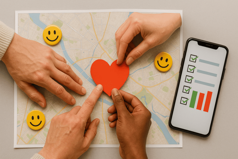 Руки на карте — кладут красное сердце на центр города — рядом смартфон с галочками опроса — значки со смайлами — nicetry.blog