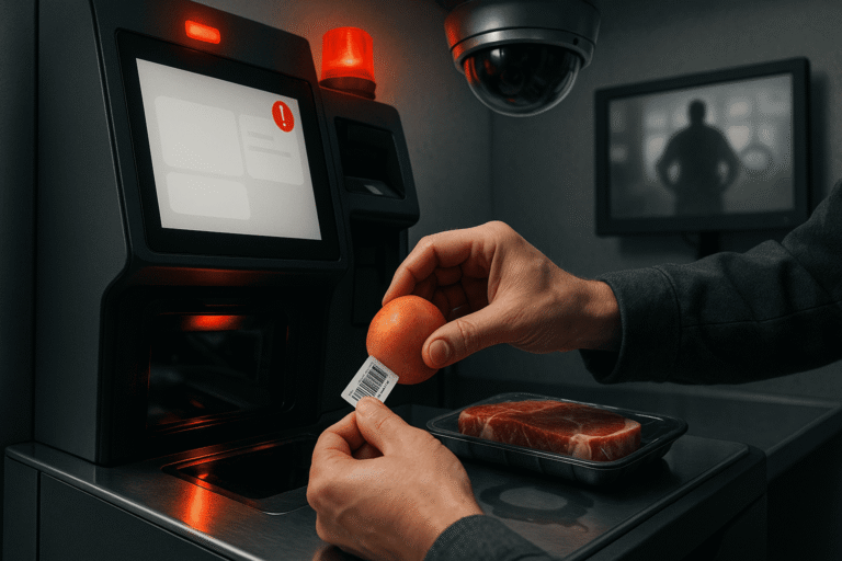 Самообслуживание и подмена товара — руки переклеивают дешёвую наклейку у сканера, рядом дорогой стейк — nicetry.blog