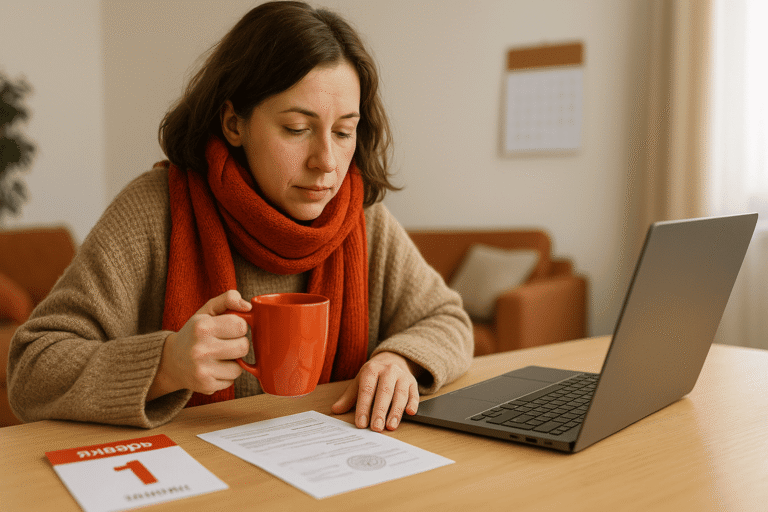 Самозанятая дома с кружкой и ноутбуком, рядом документы о больничном и календарь с 1 января — nicetry.blog