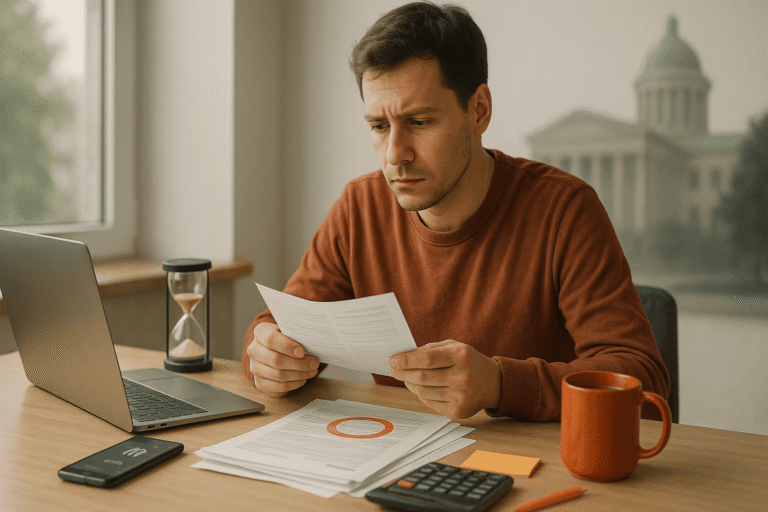 Самозанятый предприниматель за рабочим столом с ноутбуком и документами, визуальный намёк на ускорение сроков и госрегулирование - nicetry.blog