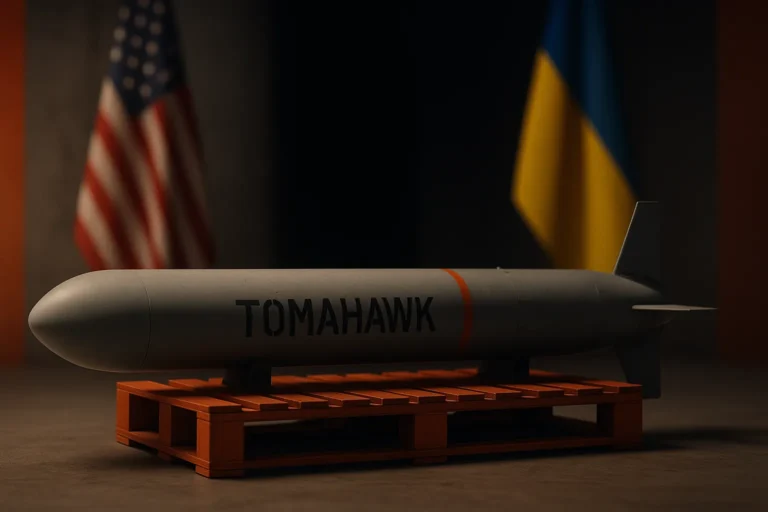 Сцена с крылатой ракетой Tomahawk на паллете в складском помещении; на заднем плане размытые флаги США и Украины — nicetry.blog