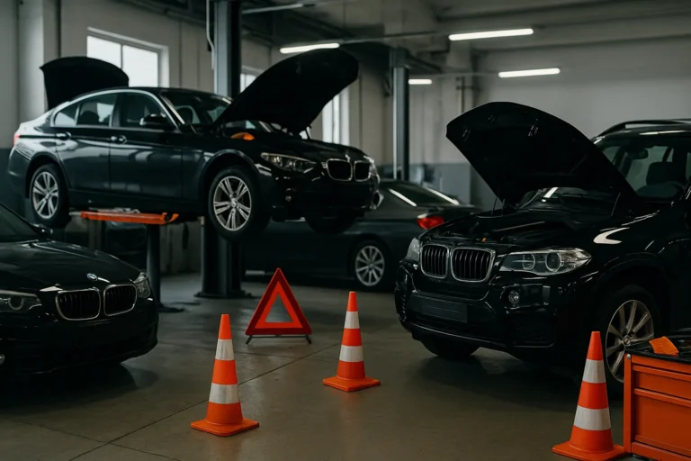Сервисный бокс — подержанные BMW которые лучше не покупать — машины на подъемнике и диагностике — предупреждающие конусы — nicetry.blog