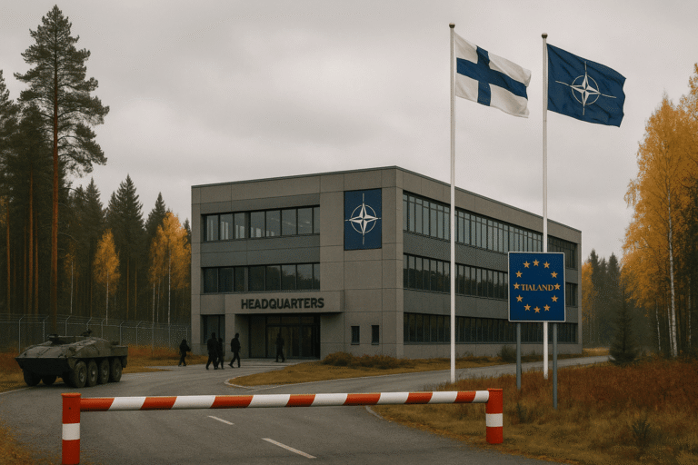 Штаб сухопутных войск НАТО в Финляндии у границы с Россией, современное здание с флагами Финляндии и НАТО среди хвойного леса, осенний пасмурный день — nicetry.blog