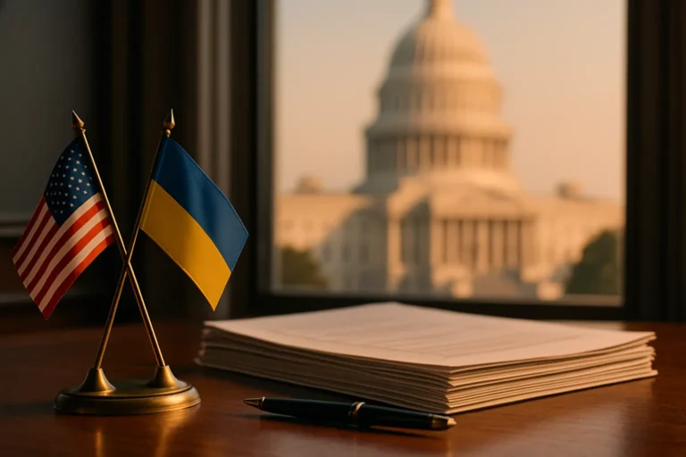 Символическое реалистичное изображение решения США по участию в «репарационном займе» Киеву: мини-флаги США и Украины на столе, документы и вид на Капитолий — nicetry.blog