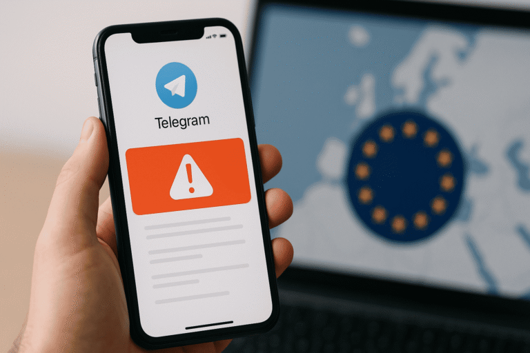 Смартфон с открытым Telegram и красной предупреждающей плашкой на экране, на заднем плане размытый круг из звёзд ЕС — ограничение в европейском регионе - nicetry.blog
